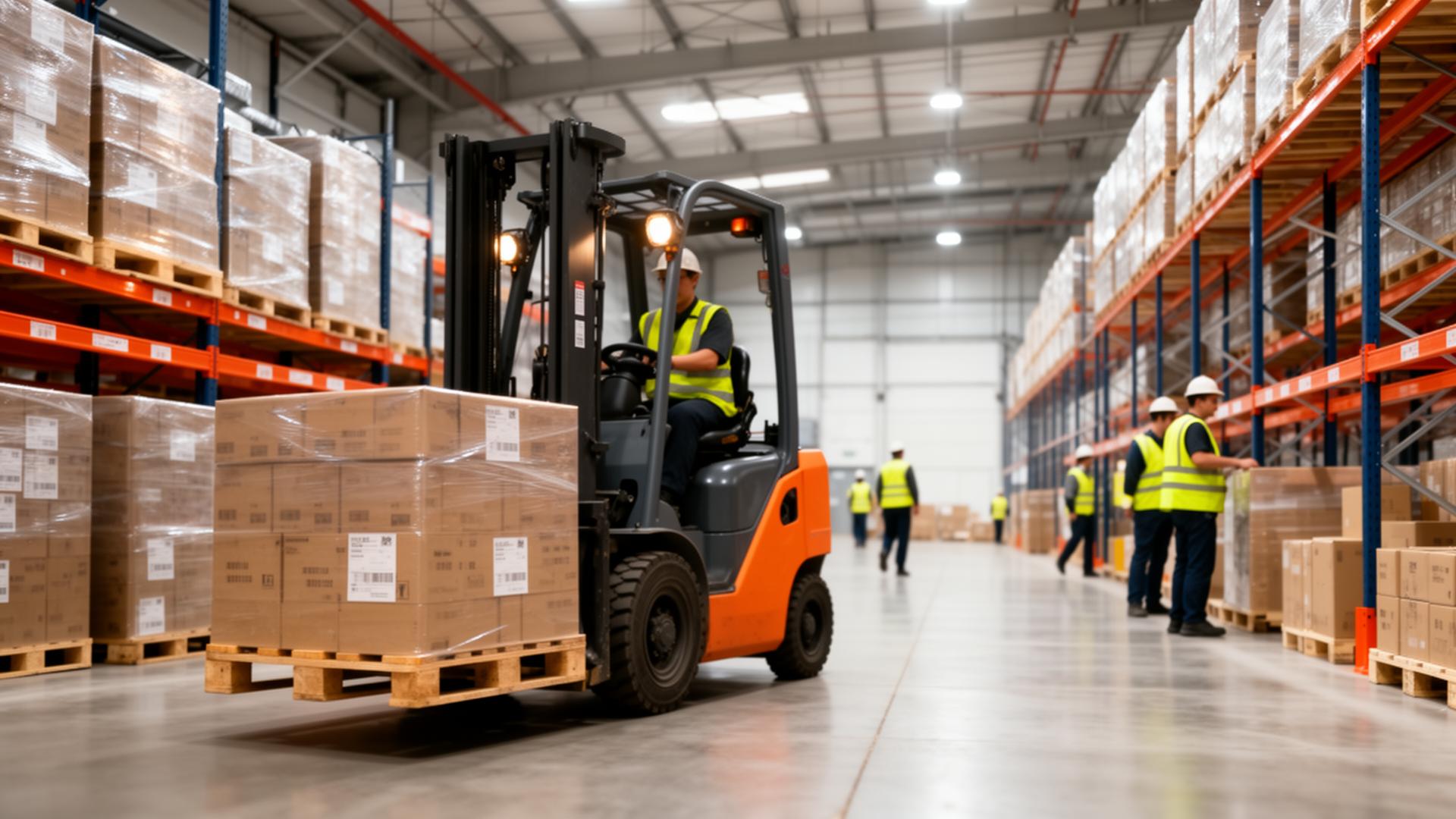 Forklift operating inside a modern Class-A logistics facility