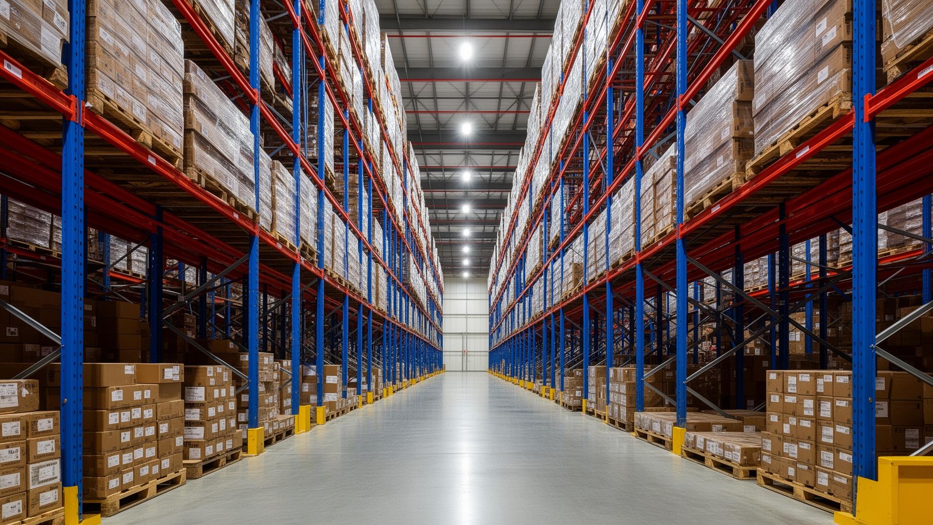 High-density warehouse racking inside a Class-A logistics center
